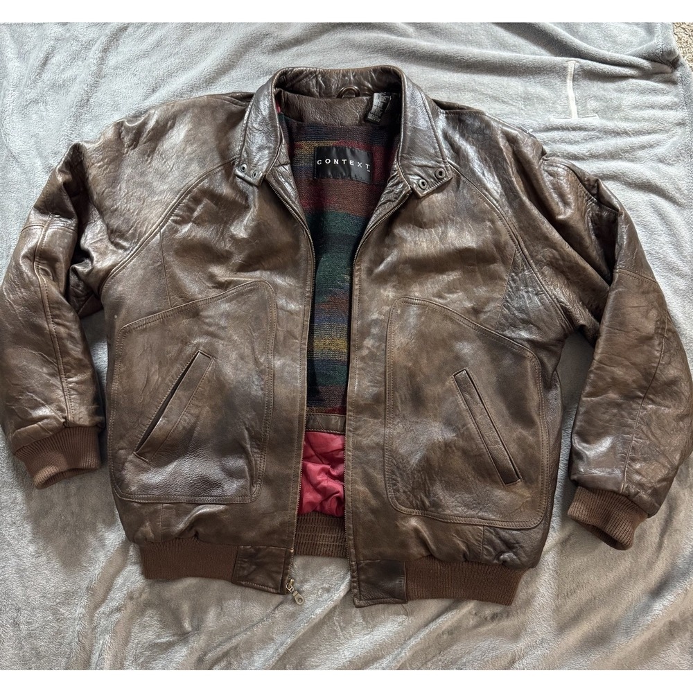 VTG Blanket Lined Aztec Brown Leather Jacket Mens Large Tall Context 90s Bomber